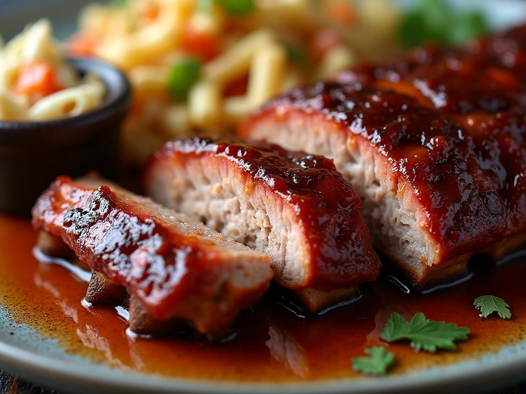 Glazed roadhouse ribs served with barbecue sauce and side dishes