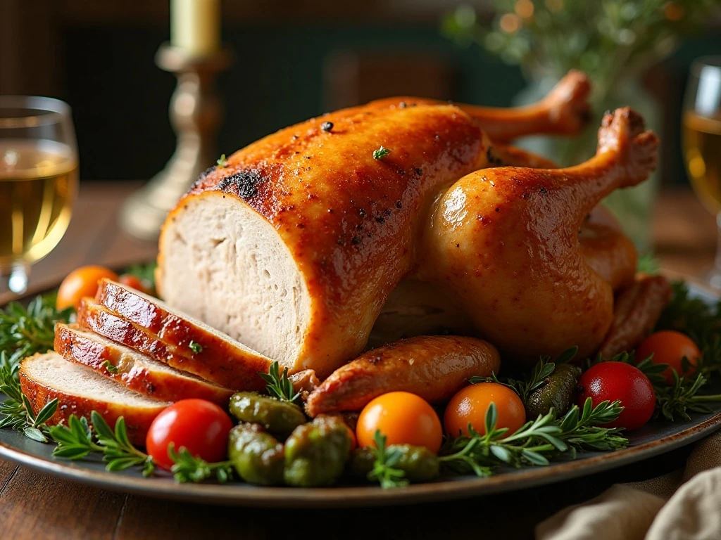 Golden juicy roast turkey served with herbs and roasted vegetables