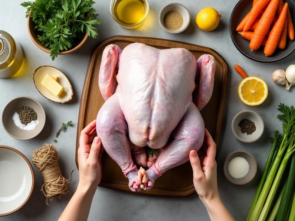 Ingredients for garlic herb roast turkey arranged on a countertop