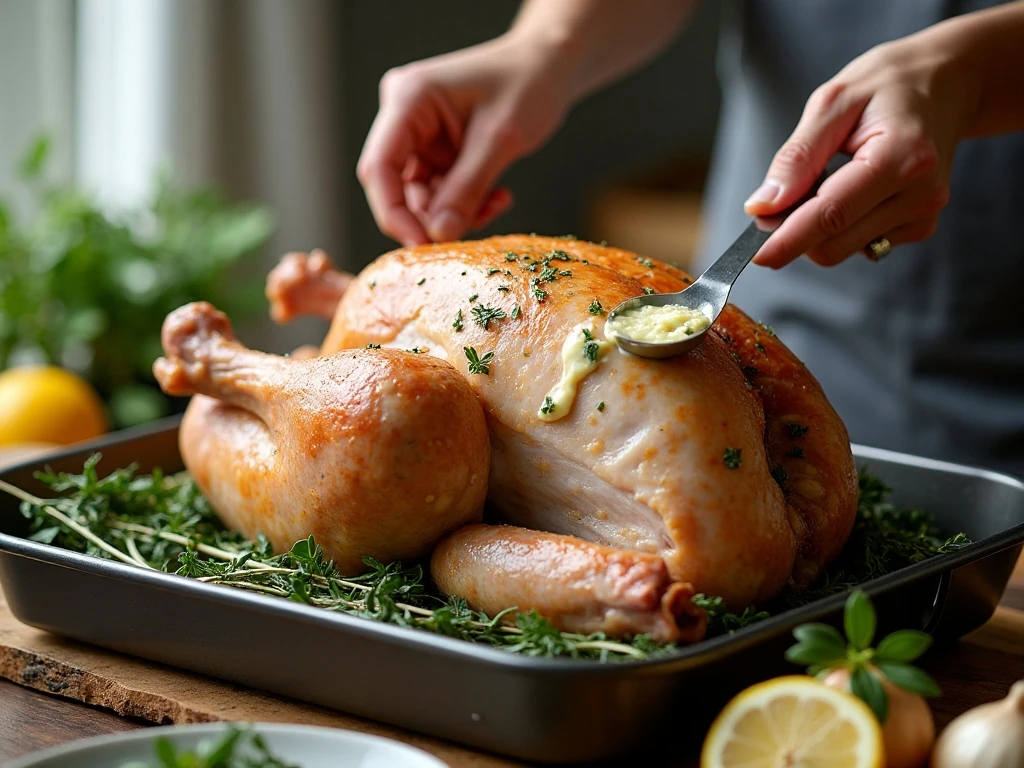 Preparing garlic herb butter beneath the turkey skin