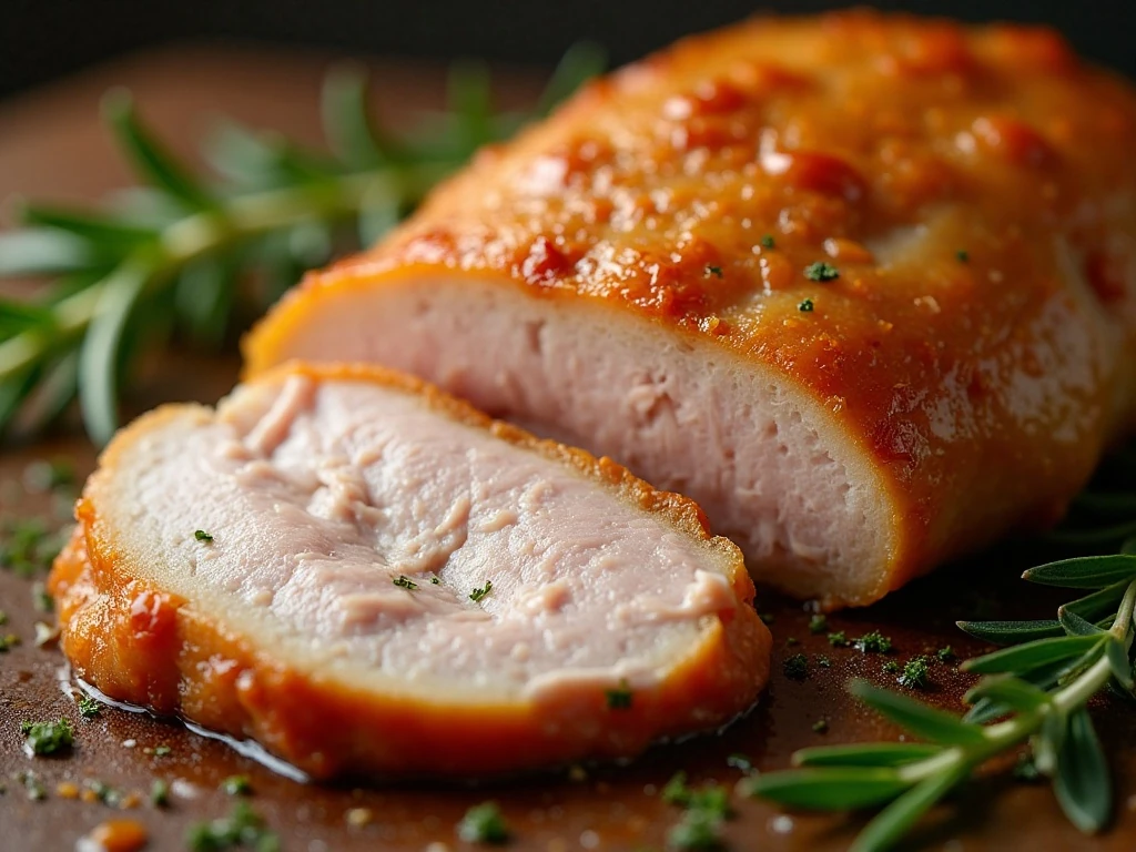 Close-up of crisp skin and juicy herb-roasted turkey meat
