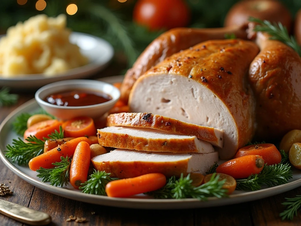 Carved roast turkey served with classic dinner side dishes
