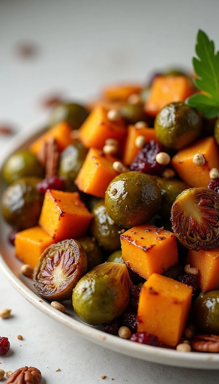 Roasted Brussels Sprouts and Sweet Potato with Balsamic Honey Glaze