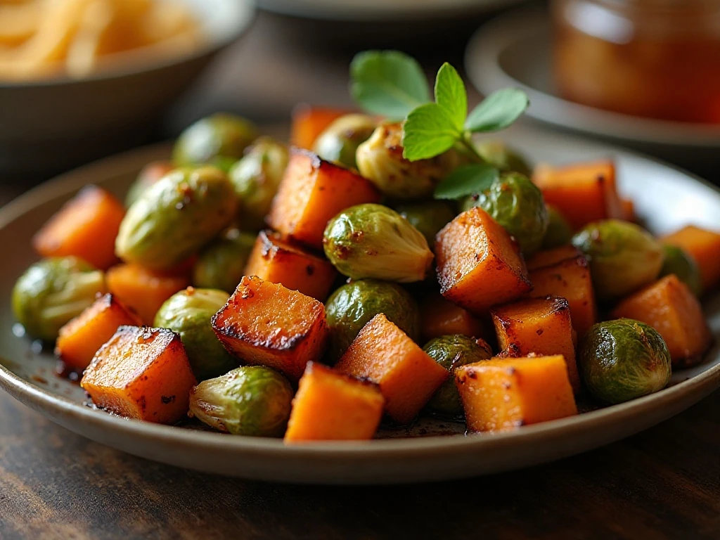 Roasted Brussels sprouts and sweet potatoes with balsamic honey glaze