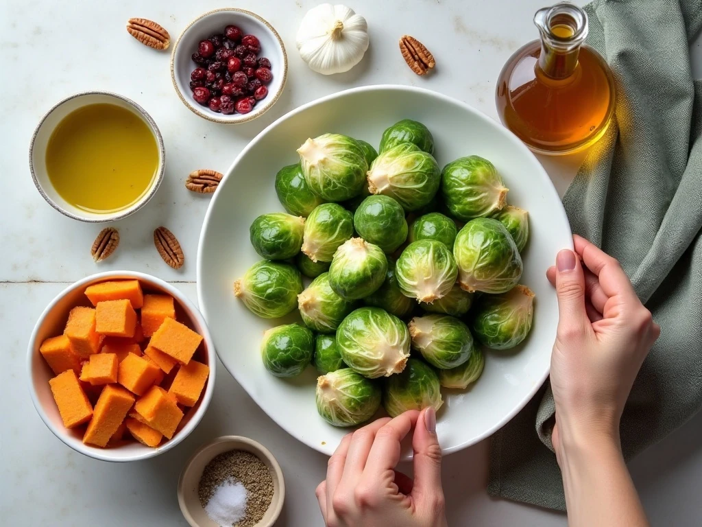 Ingredients for roasted Brussels sprouts and sweet potato with balsamic honey glaze
