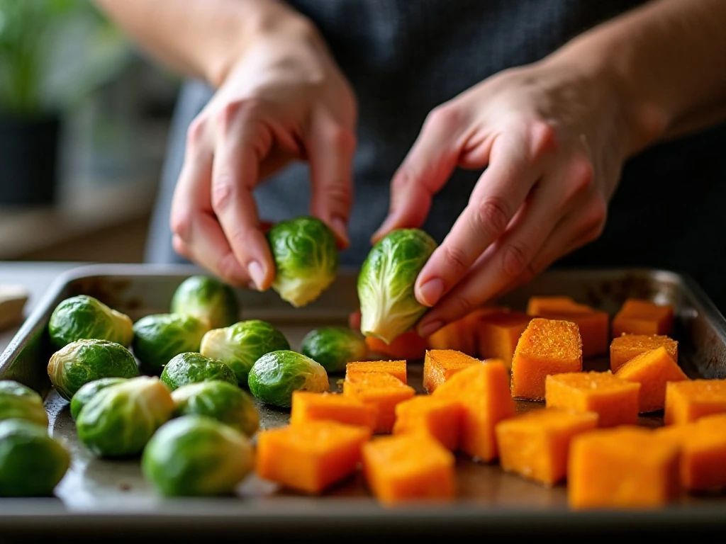Brussels sprouts and sweet potatoes arranged for roasting