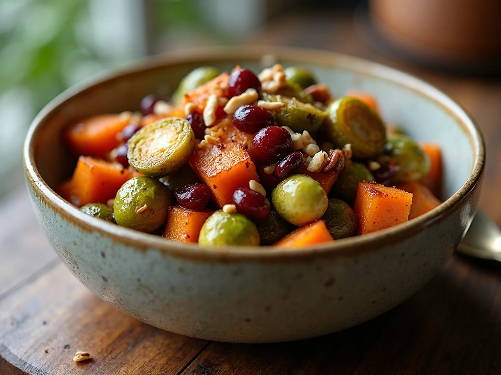 Leftover roasted Brussels sprouts and sweet potatoes with fresh garnish