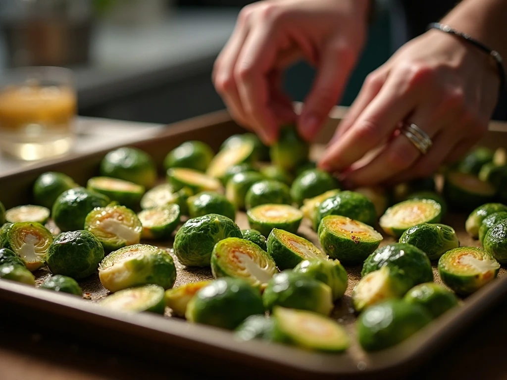 Brussels sprouts arranged cut-side down on a baking sheet before roasting