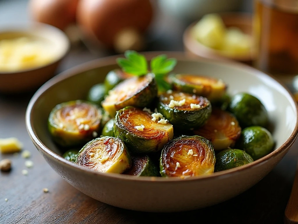 Crispy caramelized roasted Brussels sprouts ready to serve