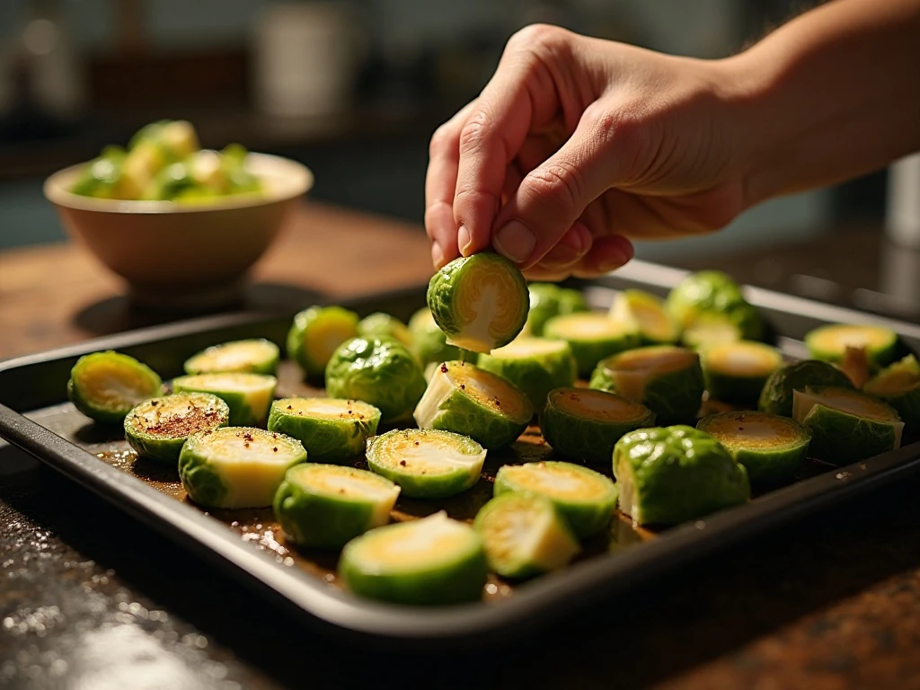 Brussels sprouts arranged cut-side down on a baking sheet