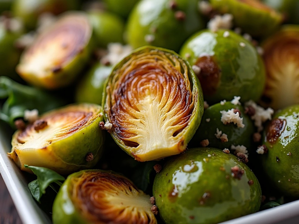 Close-up of caramelized crispy Brussels sprouts with Parmesan