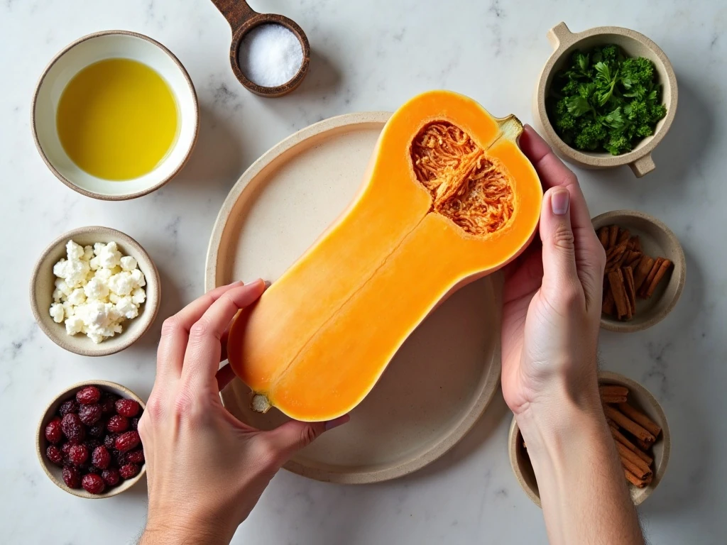 Ingredients for roasted butternut squash with feta and cranberries
