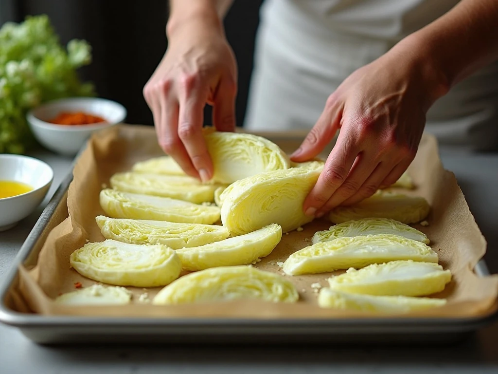 Cabbage wedges arranged on a baking sheet before roasting