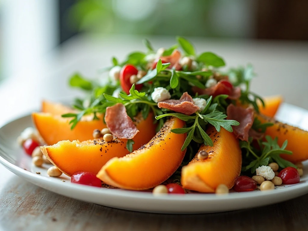 Roasted cantaloupe salad with arugula prosciutto feta and pepitas
