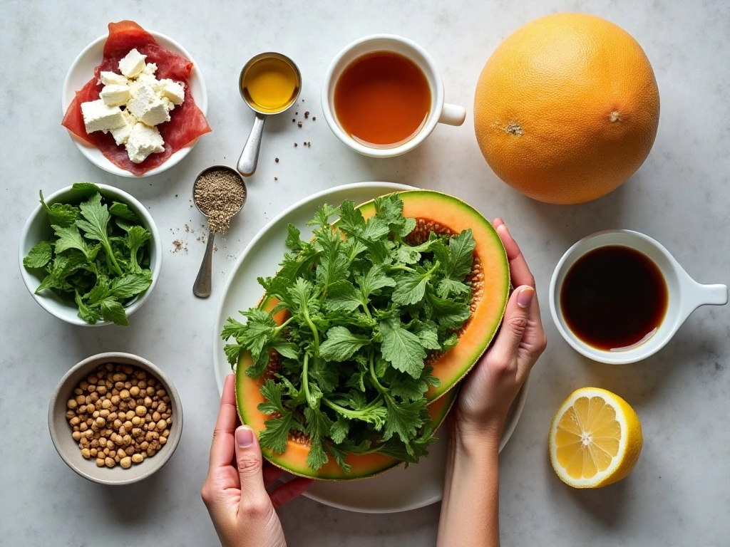 Ingredients for roasted cantaloupe salad and lemon balsamic vinaigrette