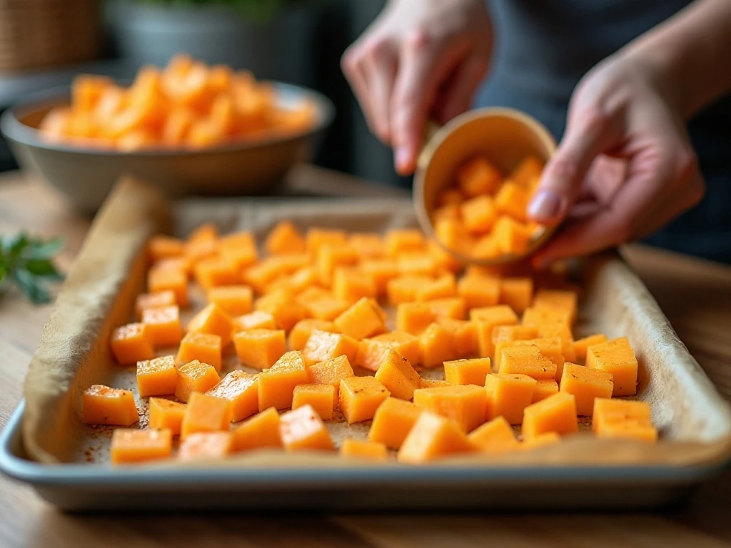 Cantaloupe pieces prepared on a baking sheet for roasting