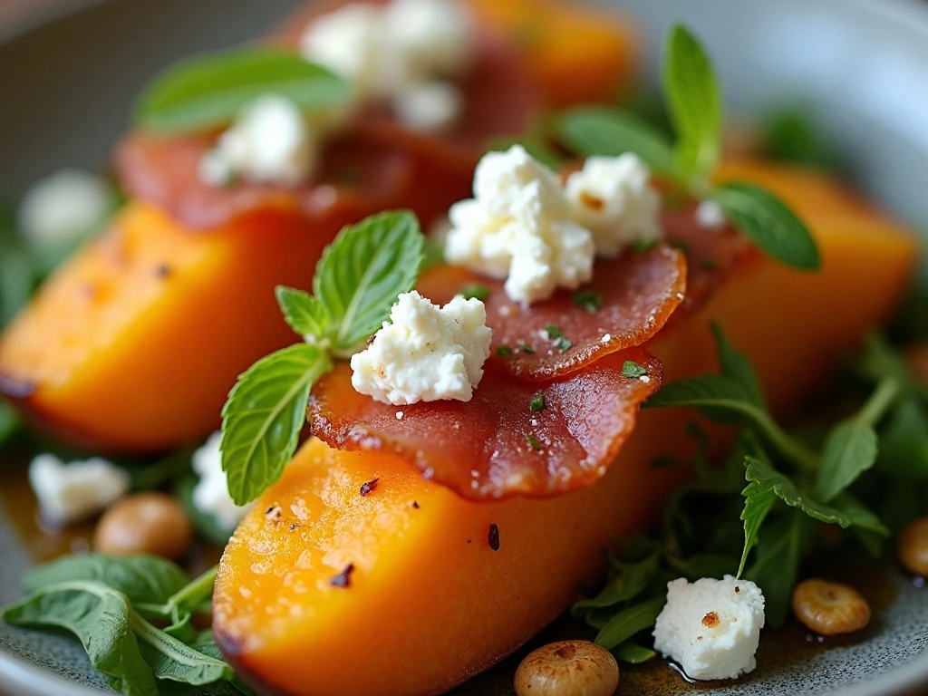 Feta prosciutto pepitas and mint garnish on roasted cantaloupe salad