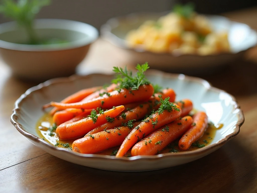 Roasted carrots with fresh gremolata served on a dinner table