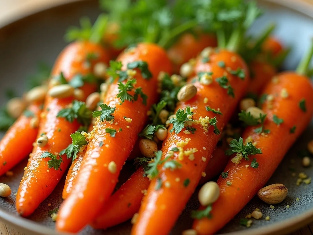 Close-up of parsley lemon gremolata on roasted carrots