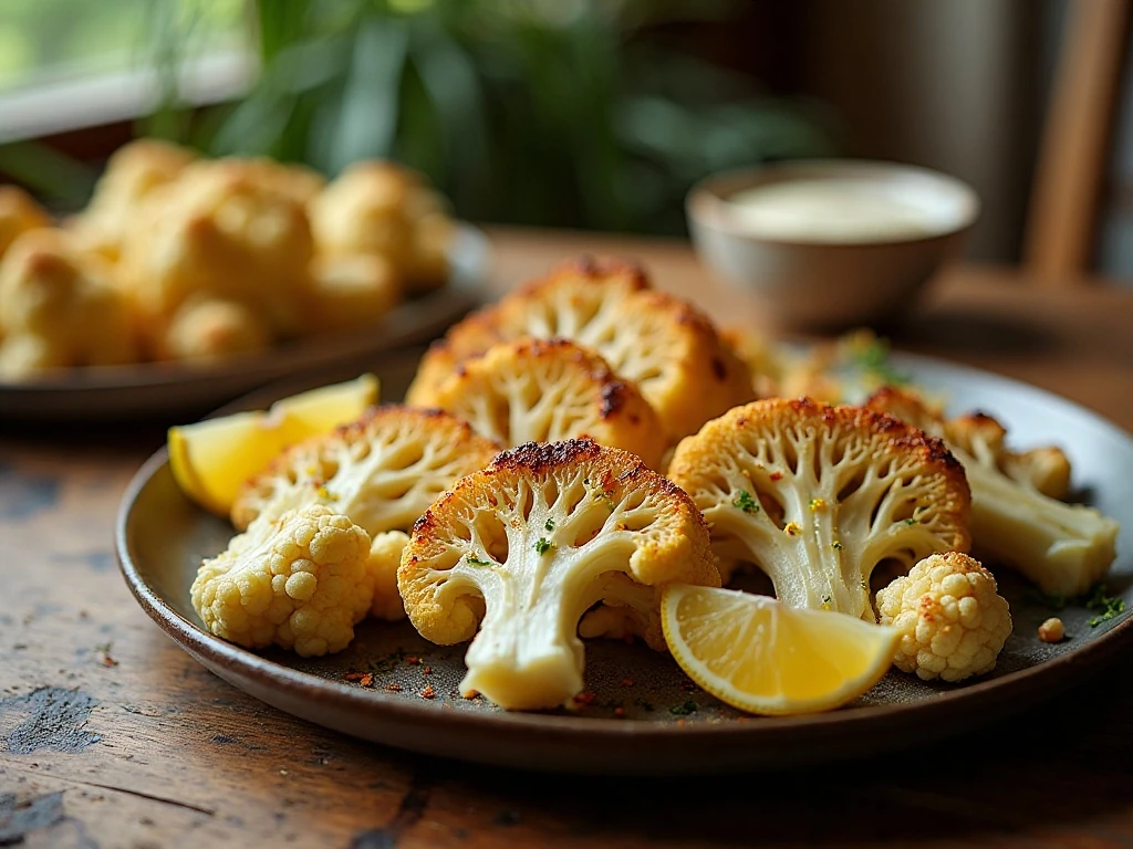 Crispy roasted cauliflower steaks served with lemon and herbs