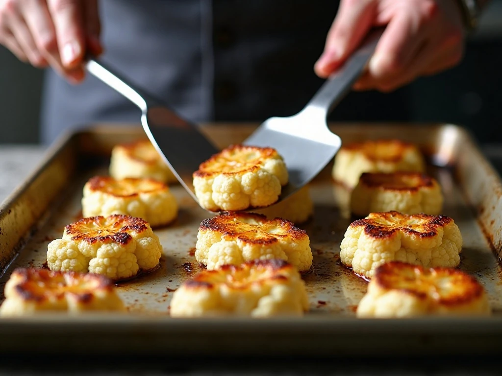 Cauliflower steaks spaced on a baking sheet for crisp roasting