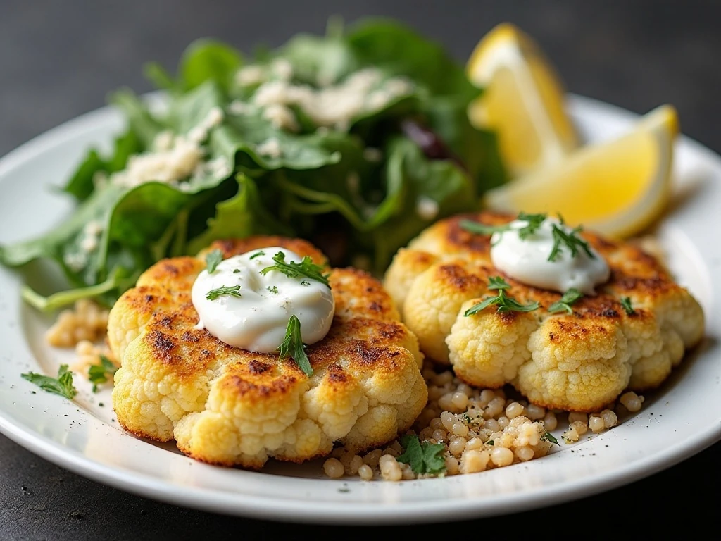 Roasted cauliflower steak dinner with salad, grains, and sauce