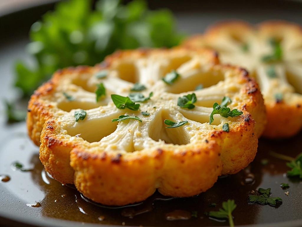 Close-up of crispy cauliflower steak with Parmesan and parsley