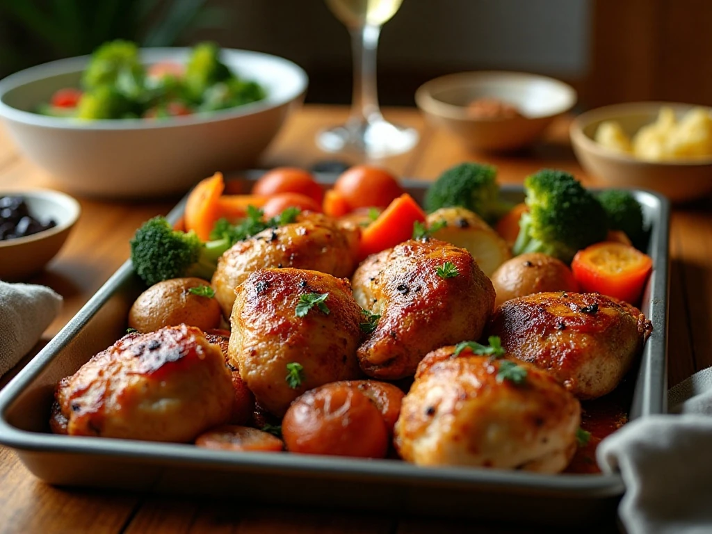 Sheet-pan roasted chicken thighs with colorful roasted vegetables