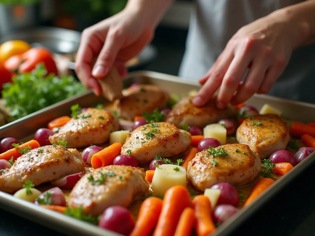 Preparing chicken and vegetables on a sheet pan