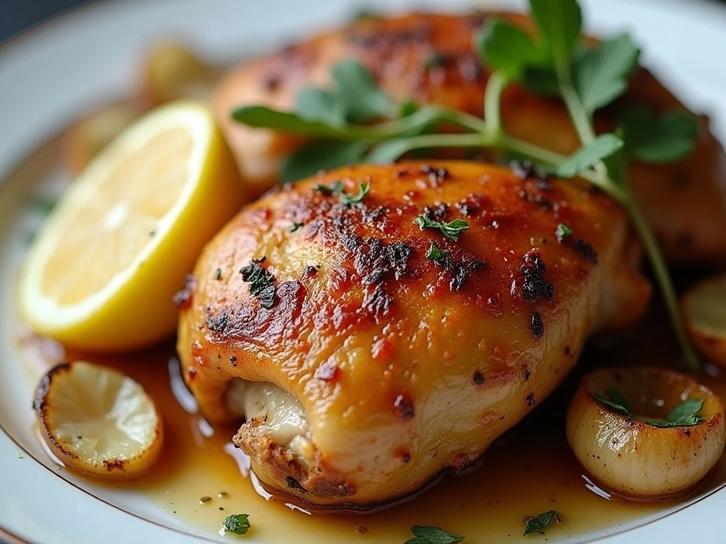Crispy roasted chicken with vegetables and lemon