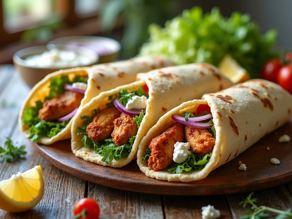 Roasted chicken pita wraps with tzatziki and fresh vegetables
