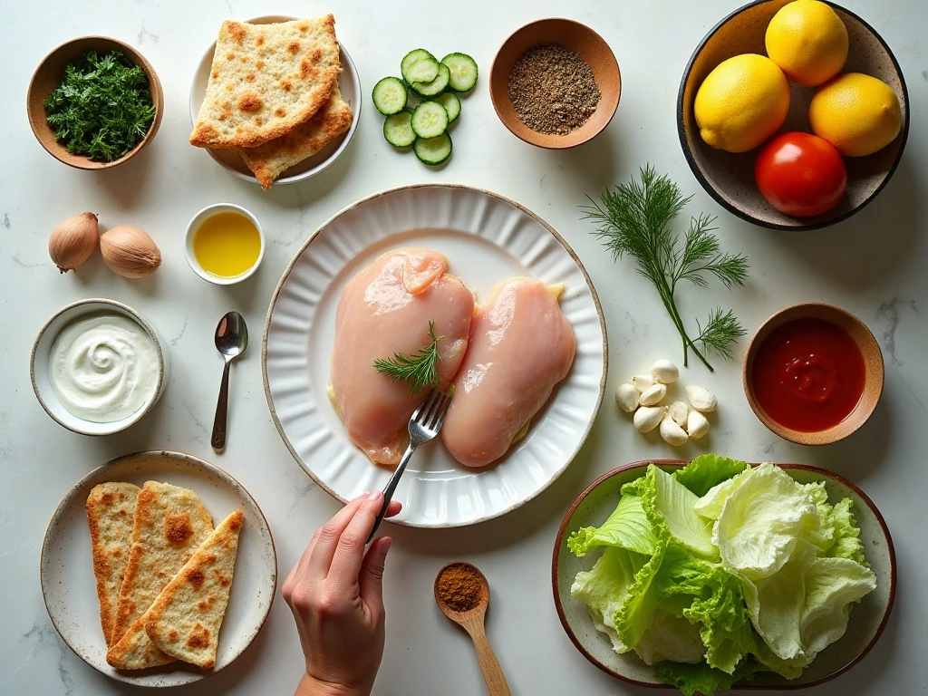 Ingredients for roasted chicken pita wraps and homemade tzatziki
