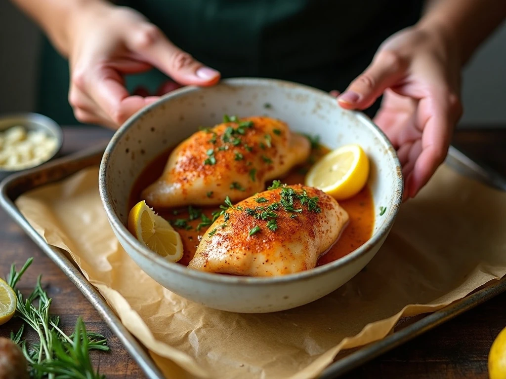 Chicken being coated in a lemon garlic marinade before roasting