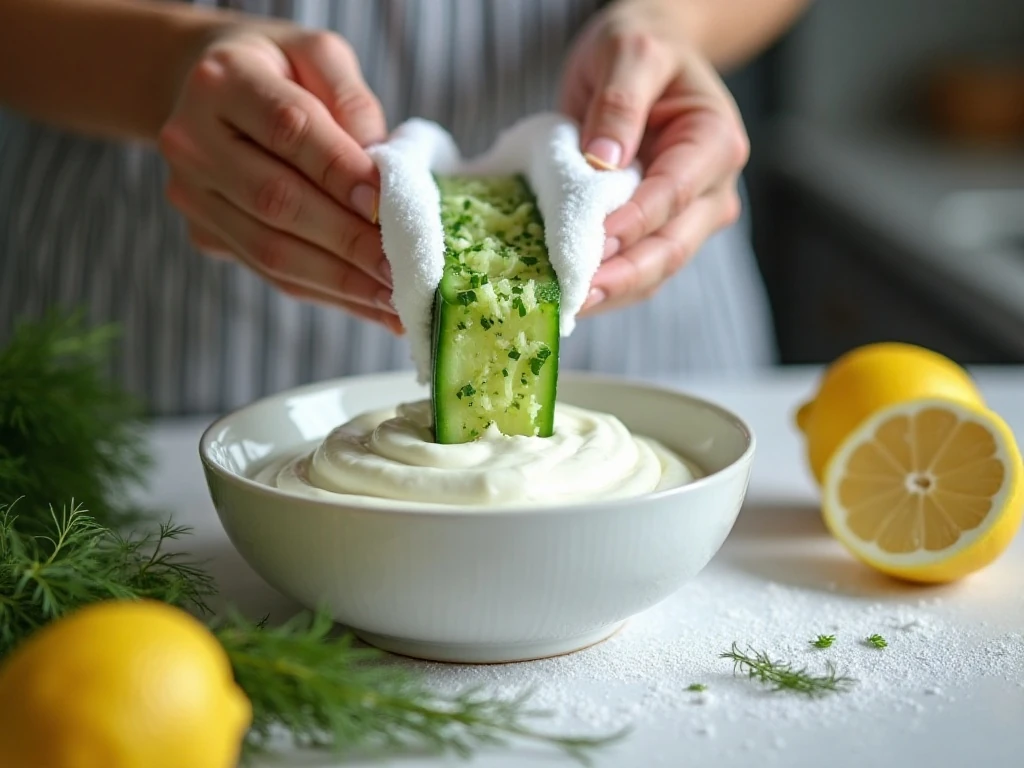 Squeezing grated cucumber dry for thick homemade tzatziki