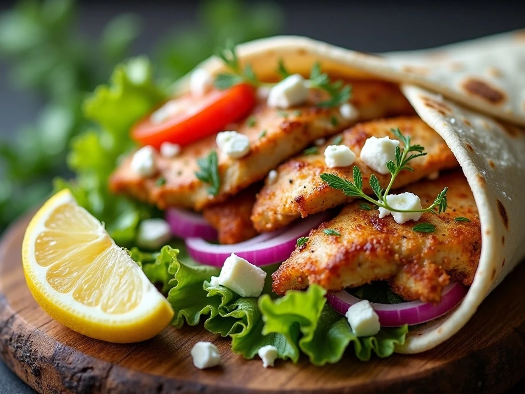 Close-up of a chicken pita wrap filled with tzatziki and feta
