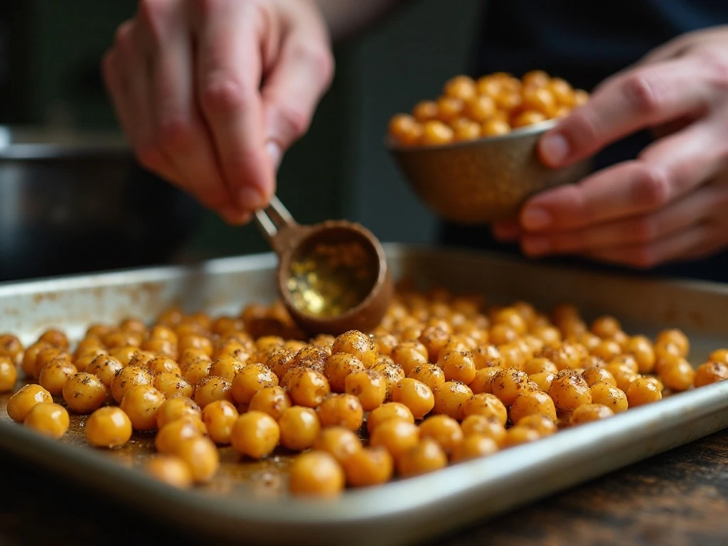 Chickpeas arranged in a single layer for roasting