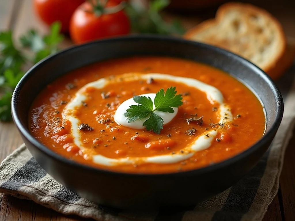 Bowl of creamy roasted eggplant soup with herbs and toasted bread