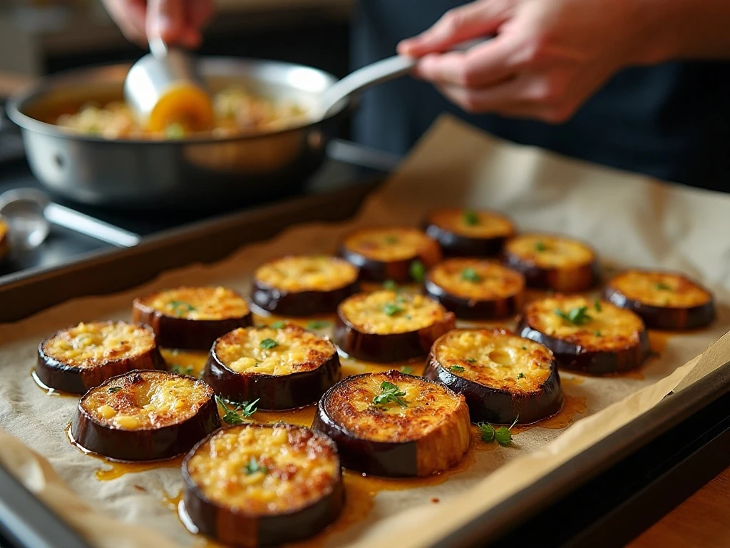 Browned roasted eggplant prepared for homemade soup