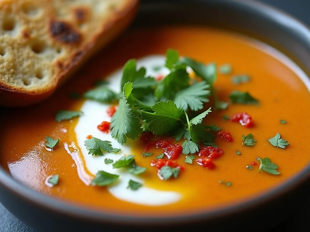 Roasted eggplant soup finished with herbs, yogurt, olive oil, and pepper flakes
