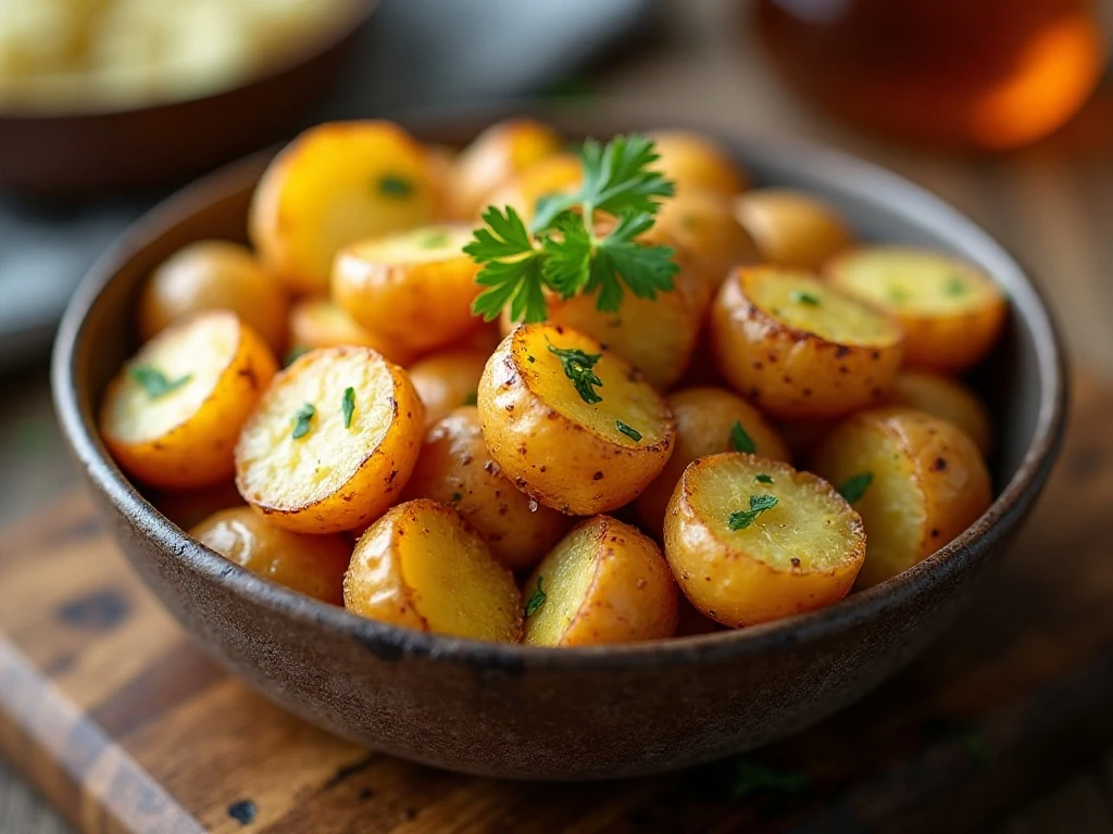 Golden roasted garlic butter Parmesan potatoes served as a dinner side dish