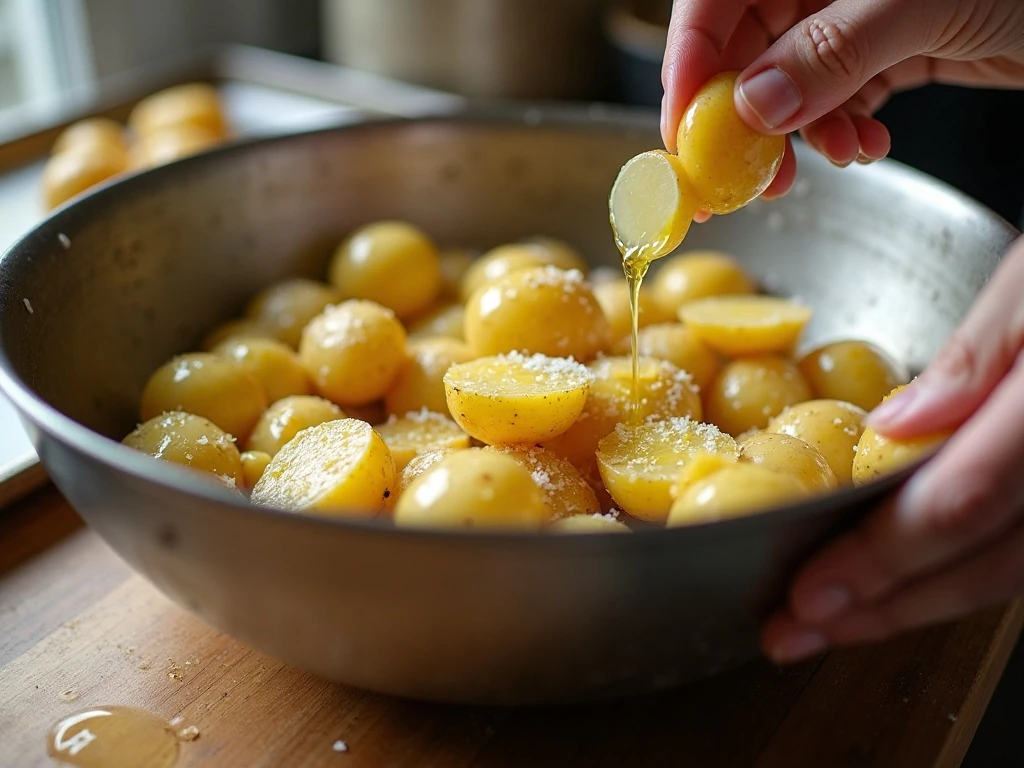 Baby potatoes being tossed with garlic butter and Parmesan before roasting