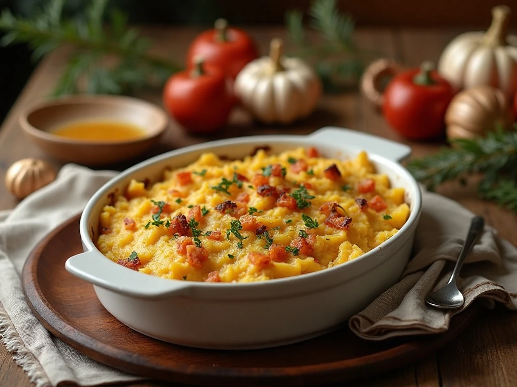 Roasted garlic mashed potato stuffing casserole served as a holiday dinner side dish