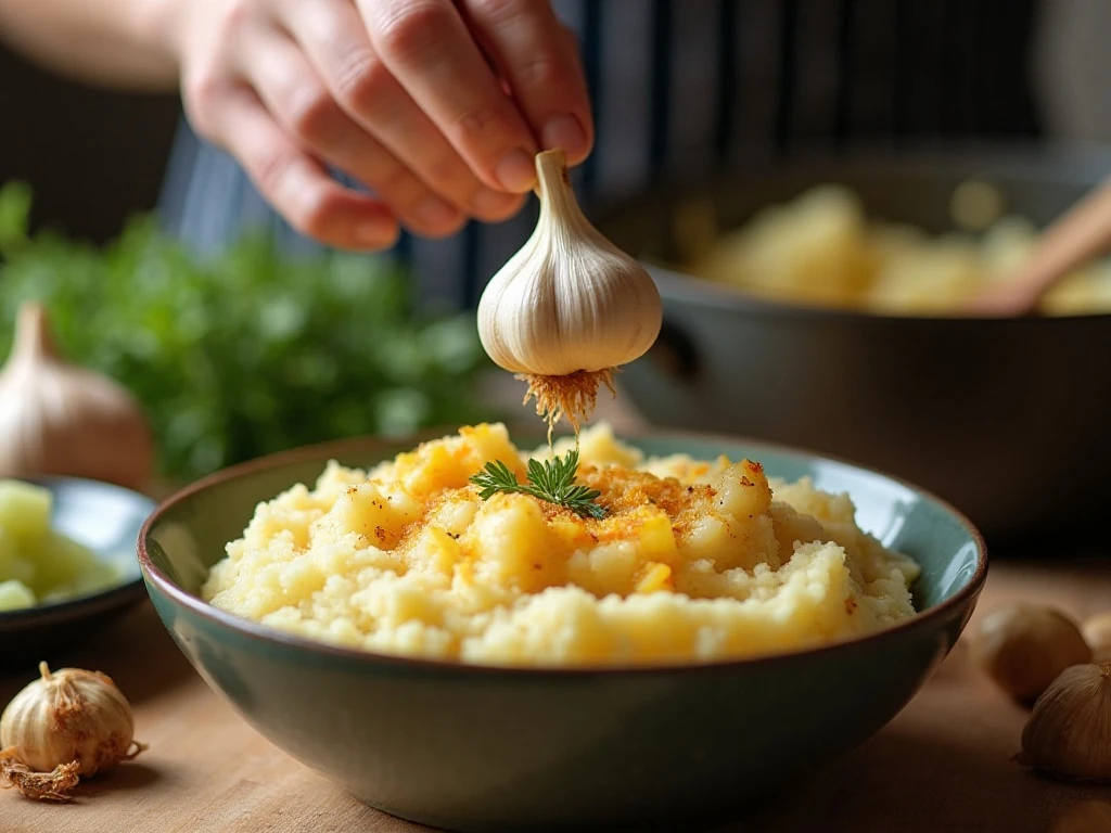 Preparing roasted garlic mashed potatoes and stuffing mixture
