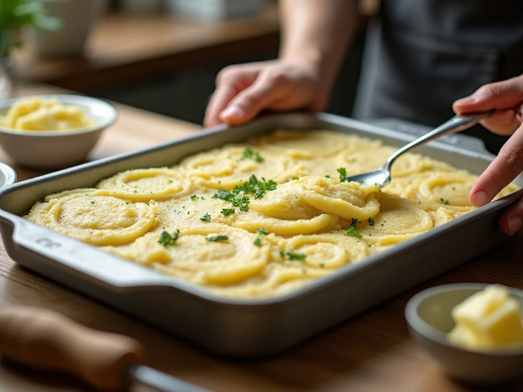Layering mashed potatoes and herb stuffing in a casserole dish