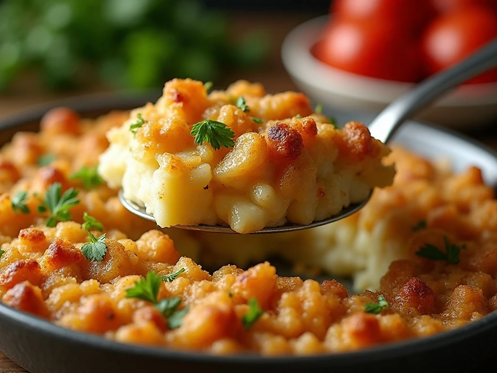 Golden roasted garlic mashed potato stuffing casserole ready to serve