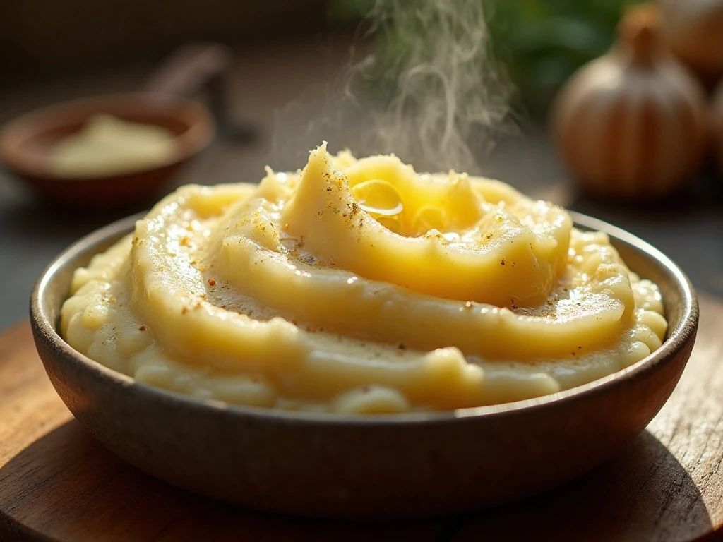 Creamy roasted garlic mashed potatoes served in a bowl