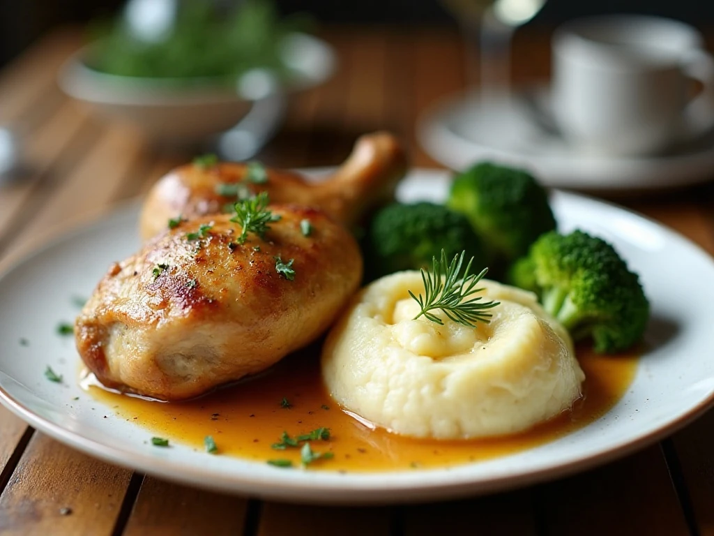 Roasted garlic mashed potatoes served with chicken and vegetables