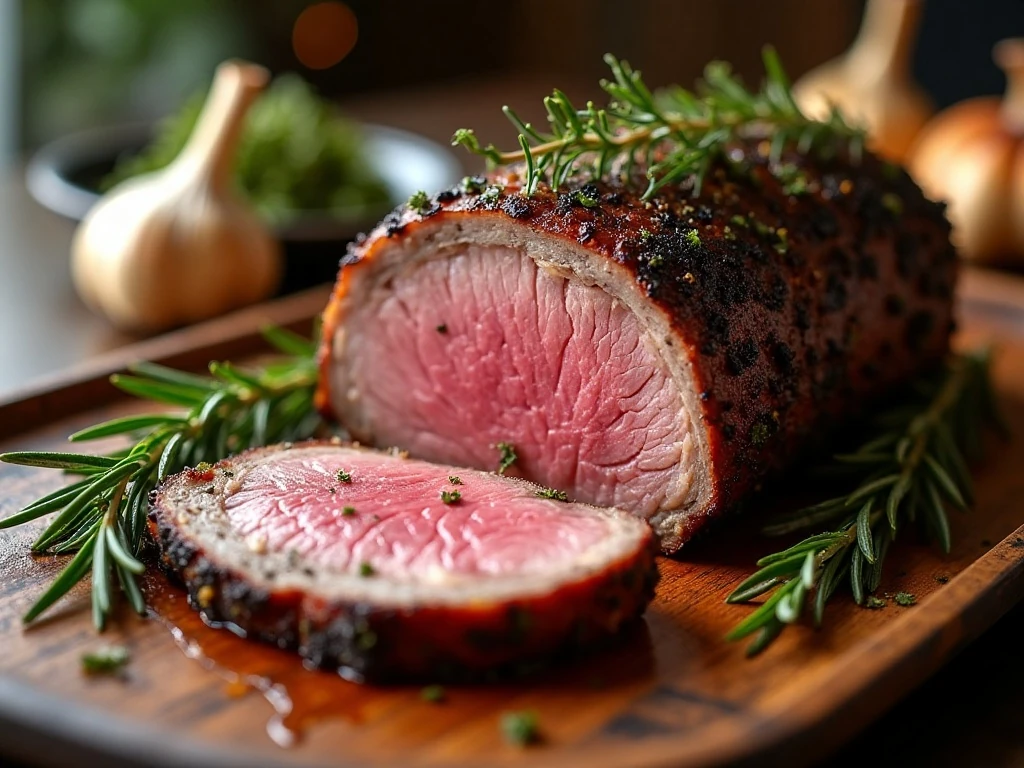 Sliced roasted garlic rib roast with fresh rosemary and thyme