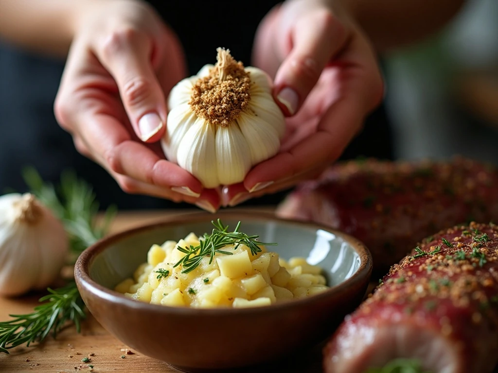 Making roasted garlic herb paste for rib roast