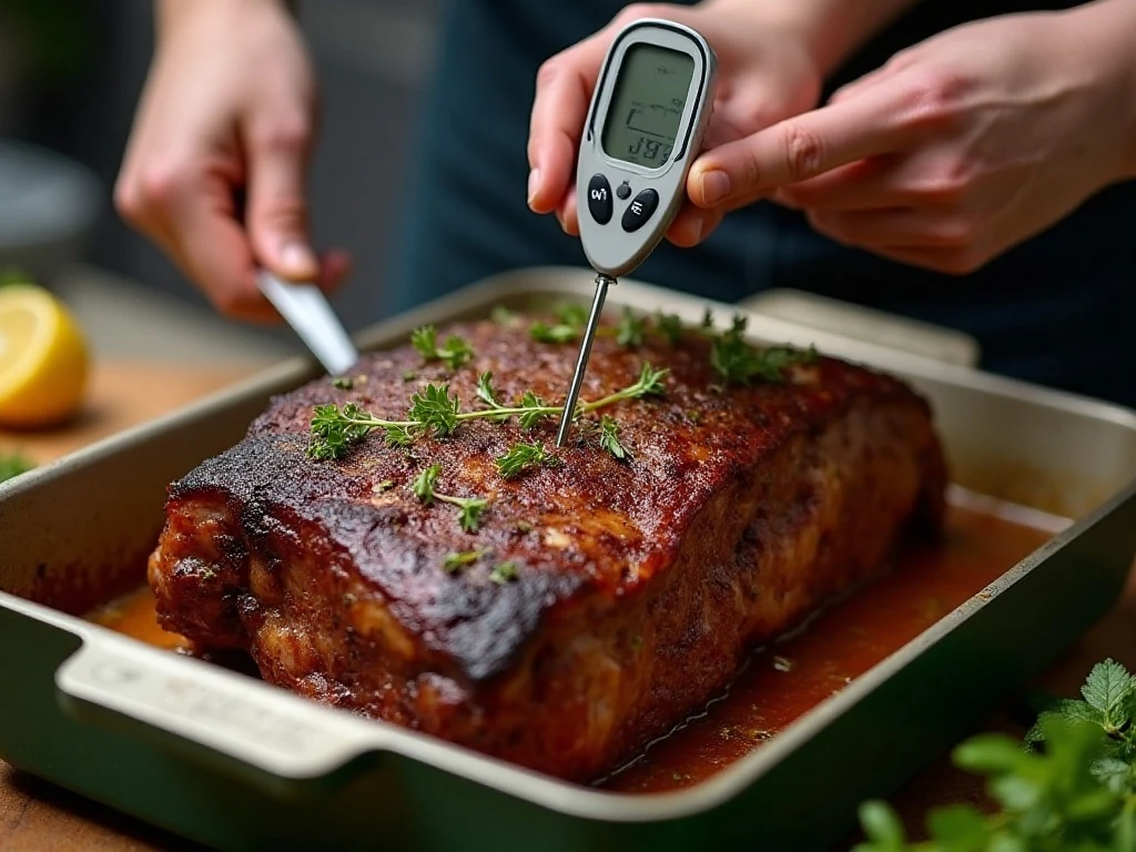 Checking the internal temperature of a rib roast with a thermometer
